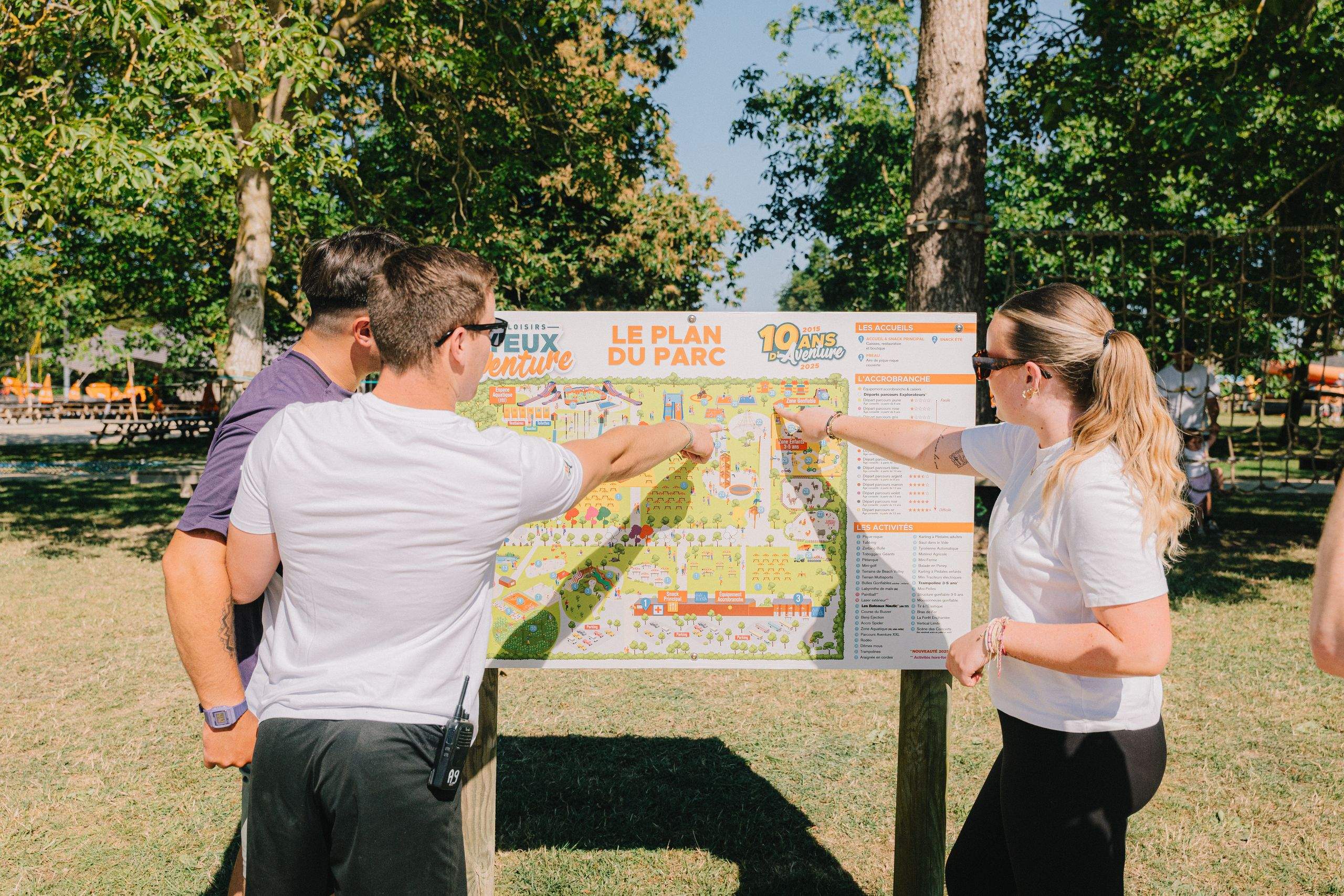 Groupe d'amis devant le plan du parc outdoor
